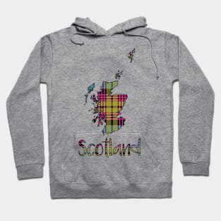 Scotland Pink, Blue and Yellow Tartan Map Typography Design Hoodie